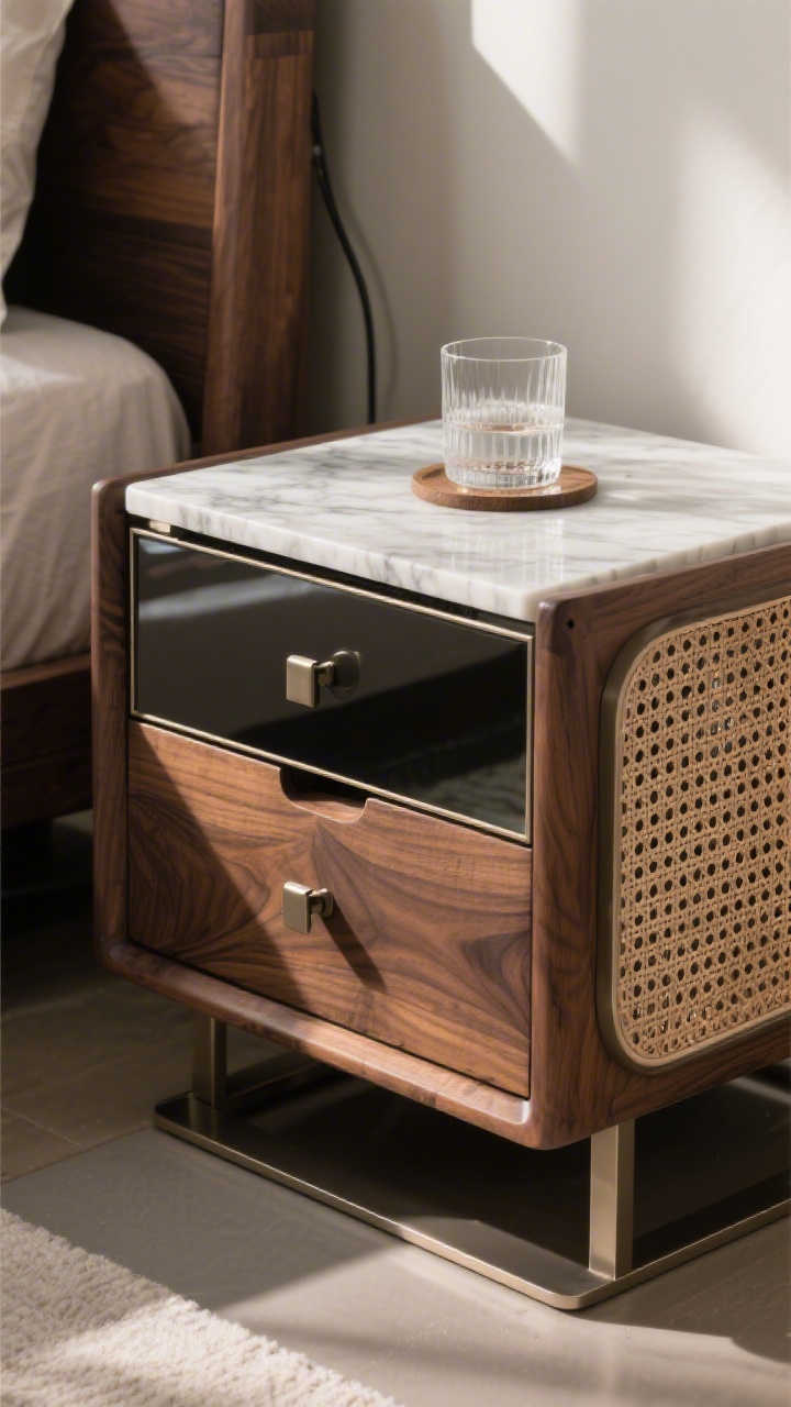 Closeup detail, raking light: A nightstand surface material showcase emphasizing durability and the “forever” feel—solid wood carcass with visible dovetail joints and smooth drawer glides, topped with sealed marble (or quartz) holding a glass on a coaster, alongside a powder-coated metal frame element, a glossy lacquer drawer front, and a rattan/cane panel protected by a thin glass overlay. Include swapped hardware pulls coordinating with the room’s metals, a slight base recess for toe clearance, and a back-panel cord cutout. Color palette contrasts dark wood grounding a light room; photorealistic textures highlighted by soft side lighting.