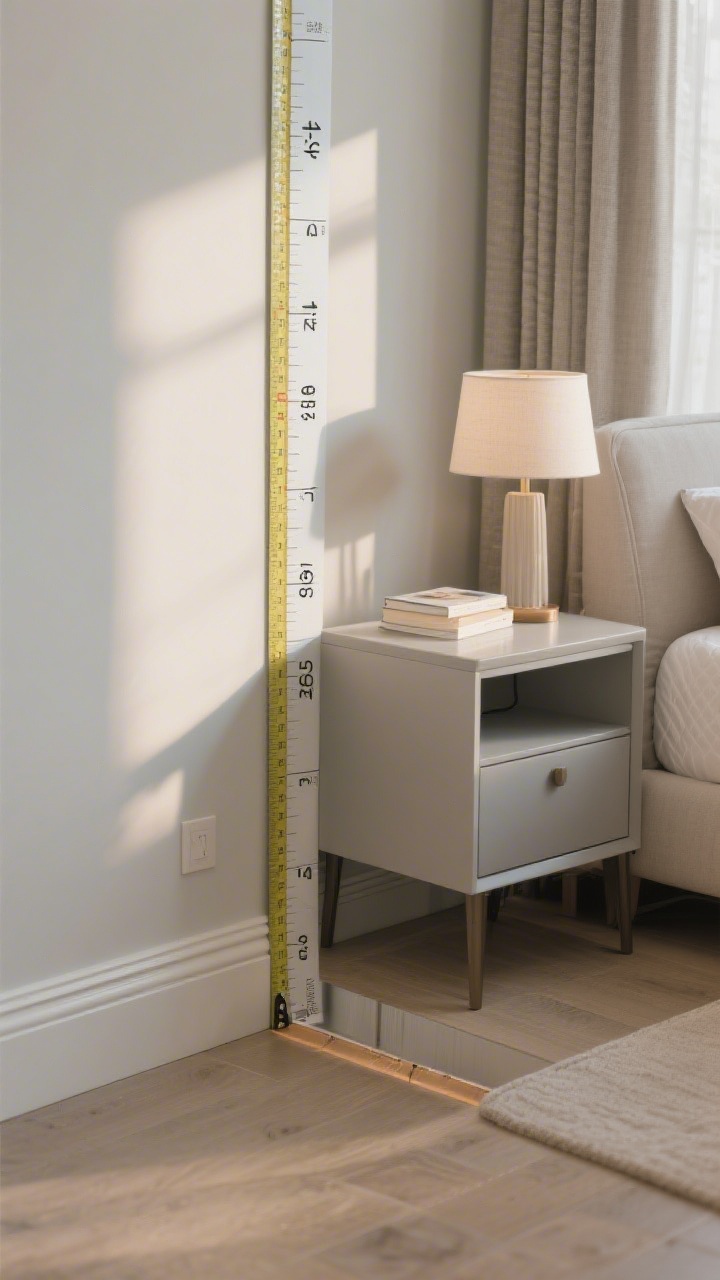 Closeup, straight-on view: A tape measure stretched alongside a modern nightstand next to a bed, highlighting precise height alignment with the mattress top (within 2 inches). The scene shows markings for depth 14–18 inches and 3–6 inches side clearance, with baseboards and a curtain nearby. Include a bedside lamp and a book on the surface without overcrowding the walkway. Emphasize practical sizing details, with natural morning light and neutral tones; focus on preventing wobbly-lamp chaos and bruised shins by showcasing exact measurements.