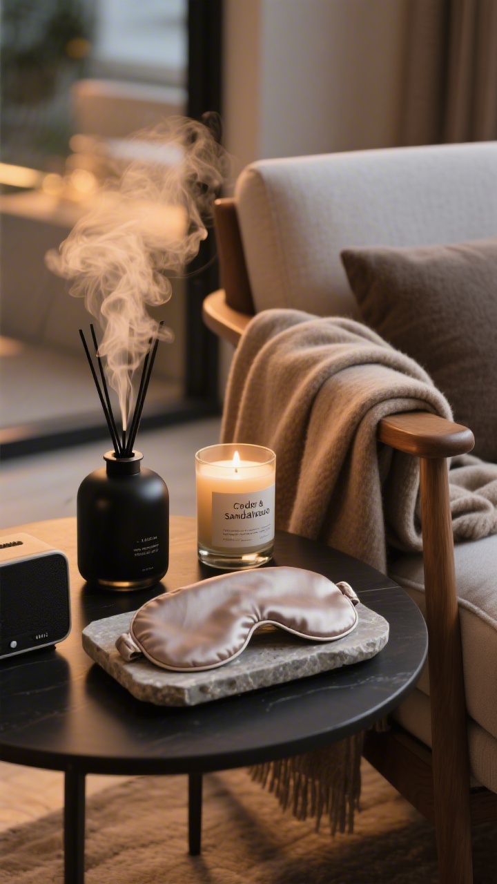 Closeup vignette capturing multi-sensory luxury: a matte black diffuser emitting gentle vapor next to a candle labeled cedar and sandalwood, a folded cashmere throw draped over a chair arm, and a silk eye mask resting on a stone tray. A compact speaker nearby implies a calming playlist. Low, warm evening light for a tranquil, signature atmosphere.