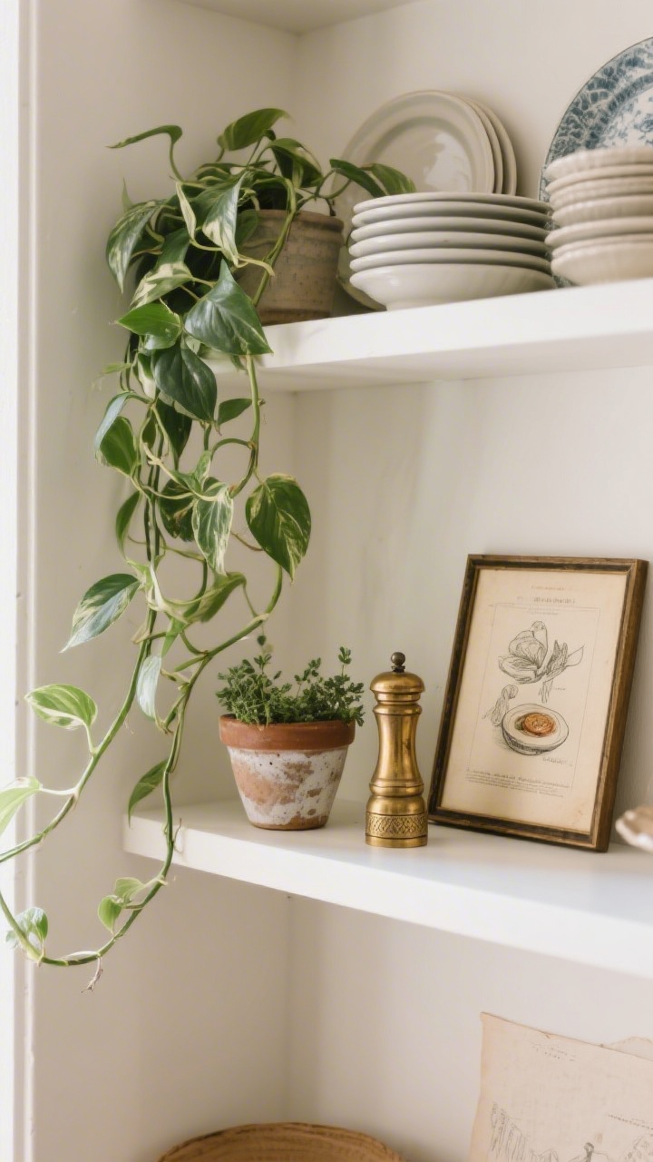 Detail closeup, corner angle, capturing life and personality: a trailing pothos draping over the edge of a shelf, a petite herb pot, a small framed vintage food sketch leaned behind a row of plates, and one unexpected object—a brass pepper mill—acting as the conversation piece; textures of leaves, paper, ceramic, and metal; soft natural light for warmth, creating a curated-not-showroom vibe.