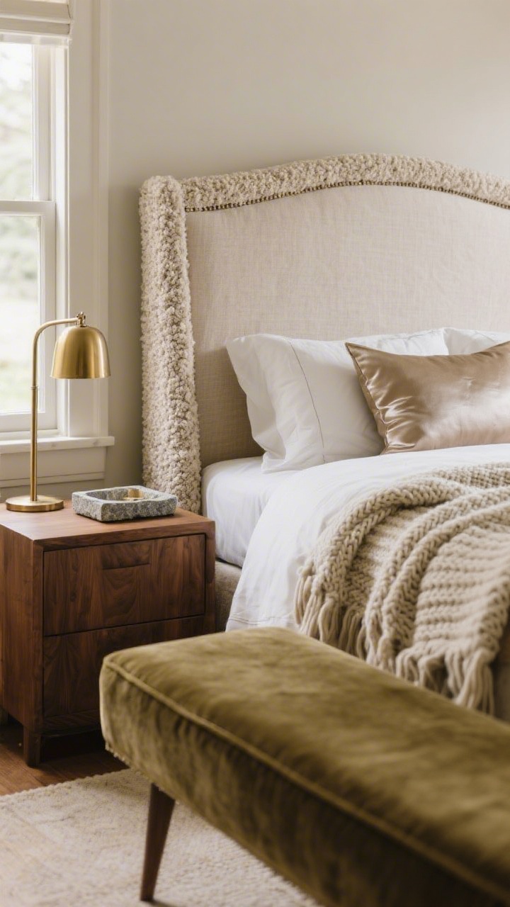 Detail closeup from bedside corner highlighting layered textures: linen-upholstered headboard, bouclé accent chair armrest in frame, velvet bench at bed foot slightly blurred. Bedding shows crisp percale cotton sheets, a chunky knit throw draped across, and a silk pillow catching soft window light. Include wood nightstand, a small stone tray, and a metallic brass lamp base for hard-finish contrast. Warm, cozy mood.