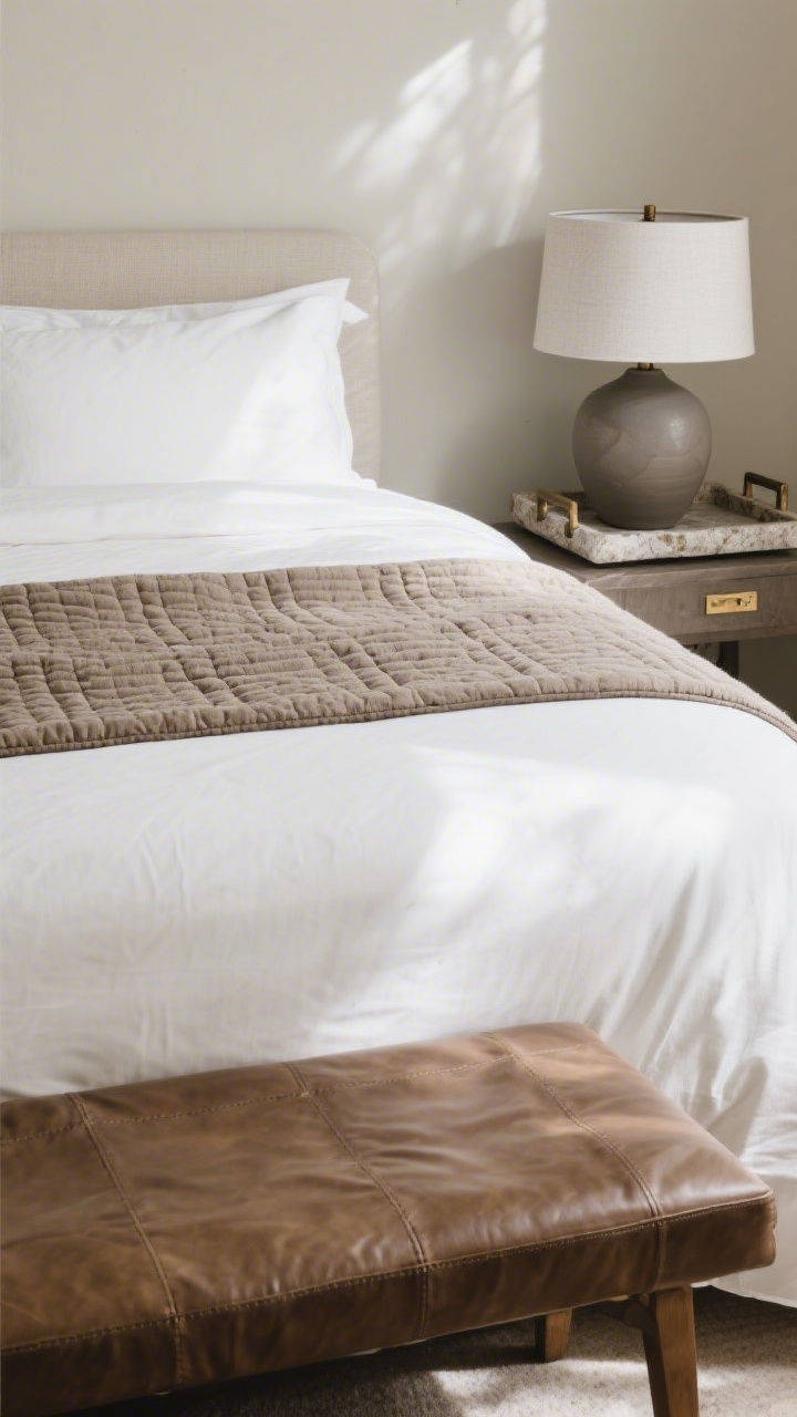Detail closeup: Layered textures on the bed—crisp white percale sheets, a quilt in mushroom taupe, and an oversized ivory duvet. In the foreground, a leather bench with subtle grain; to the side, a matte ceramic lamp with a stone tray and brushed brass hardware. Tight palette of 3–4 colors; soft afternoon light grazing the weaves and grains for tactile depth.