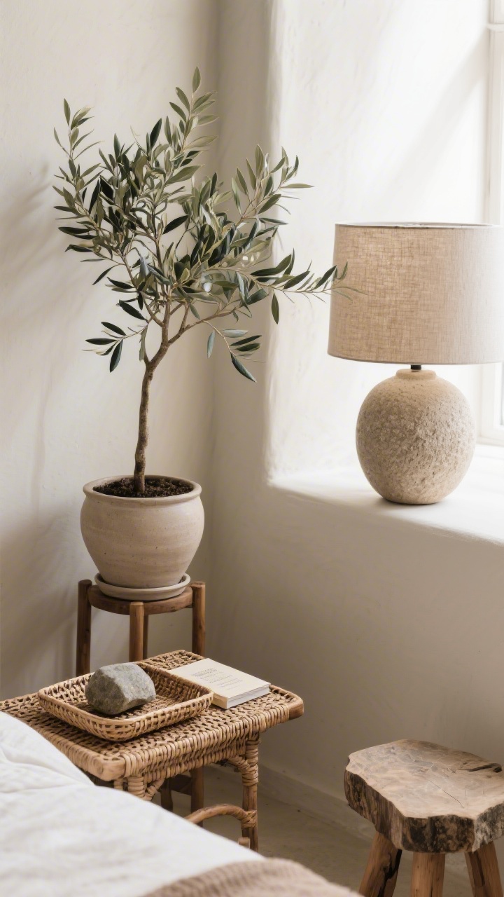 Detail closeup: Organic warmth on a nightstand and corner—an olive tree in a neutral ceramic pot on a low plant stand, a woven rattan tray holding a stone object and a book, and a ceramic lamp with a subtly textured base. Natural textures—wicker, raw-edge wood of a small stool, and stone—bring calm under soft window light.