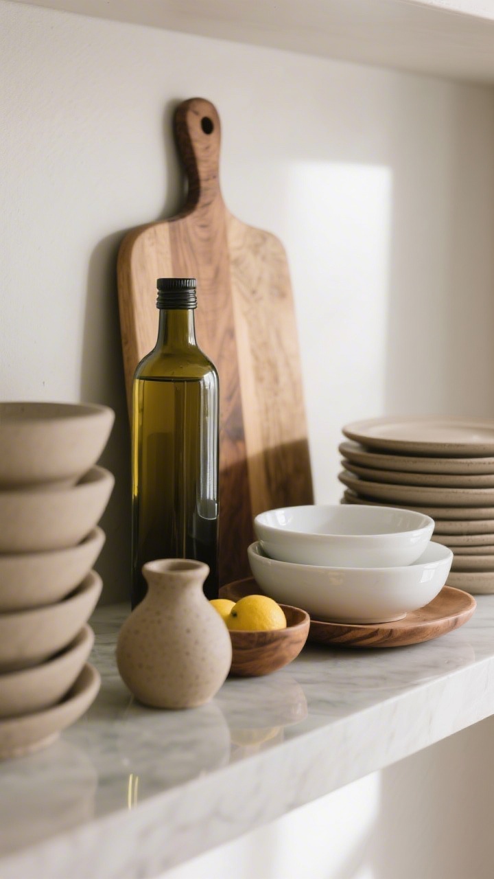 Detail closeup, slight corner angle, focusing on layered height, depth, and textures on a single shelf: a tall olive oil bottle and a propped wood cutting board as back anchors, mid-height stacks of matte sand-tone stoneware plates, glossy white ceramic bowls on a small tray, and a petite front detail—a pinch pot and a small bowl of lemons; materials mix highlighted—matte stoneware, glossy ceramic, warm wood grain, and clear glass reflections; soft natural light raking across surfaces to show dimension.