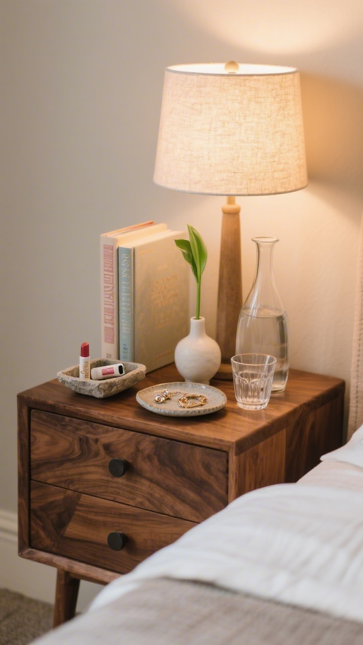 Detail, eye-level shot of a styled nightstand vignette: walnut nightstand top with a small stone tray corralling lip balm and phone, a ceramic dish with jewelry, a petite vase holding a single green stem, and a slim glass carafe with matching tumbler. Include one hardcover book with a pretty spine. Arrange in an odd-number grouping of 3–5 items, varied heights. Warm bedside lamp glow.