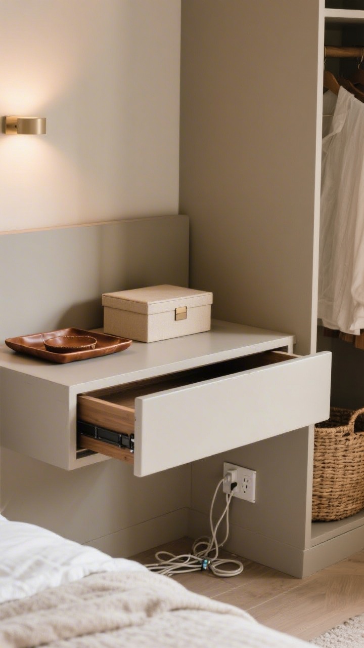 Detail shot inside a tidy bedroom corner showcasing hidden storage and styled surfaces: a dresser with smooth-glide drawers slightly open, leather catch-all tray atop, a lidded box, and a woven basket peeking from a closet nook. Visible cord control under the nightstand (clips, concealed power strip) to eliminate wire clutter. Clean, intentional vignette under warm light.