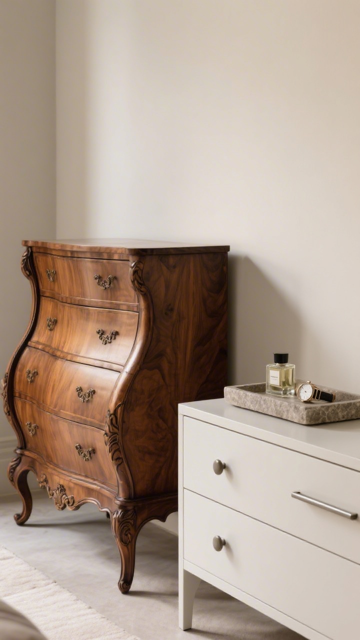 Medium casegoods vignette: A serpentine-front dresser in a rich wood tone stands beside a cleaner, painted chest with straight lines. Simple hardware contrast: small knobs on the ornate dresser, linear pulls on the modern chest. A stone tray corrals perfume and watches on top. Soft side lighting highlights the interplay of classic curves and streamlined silhouettes.