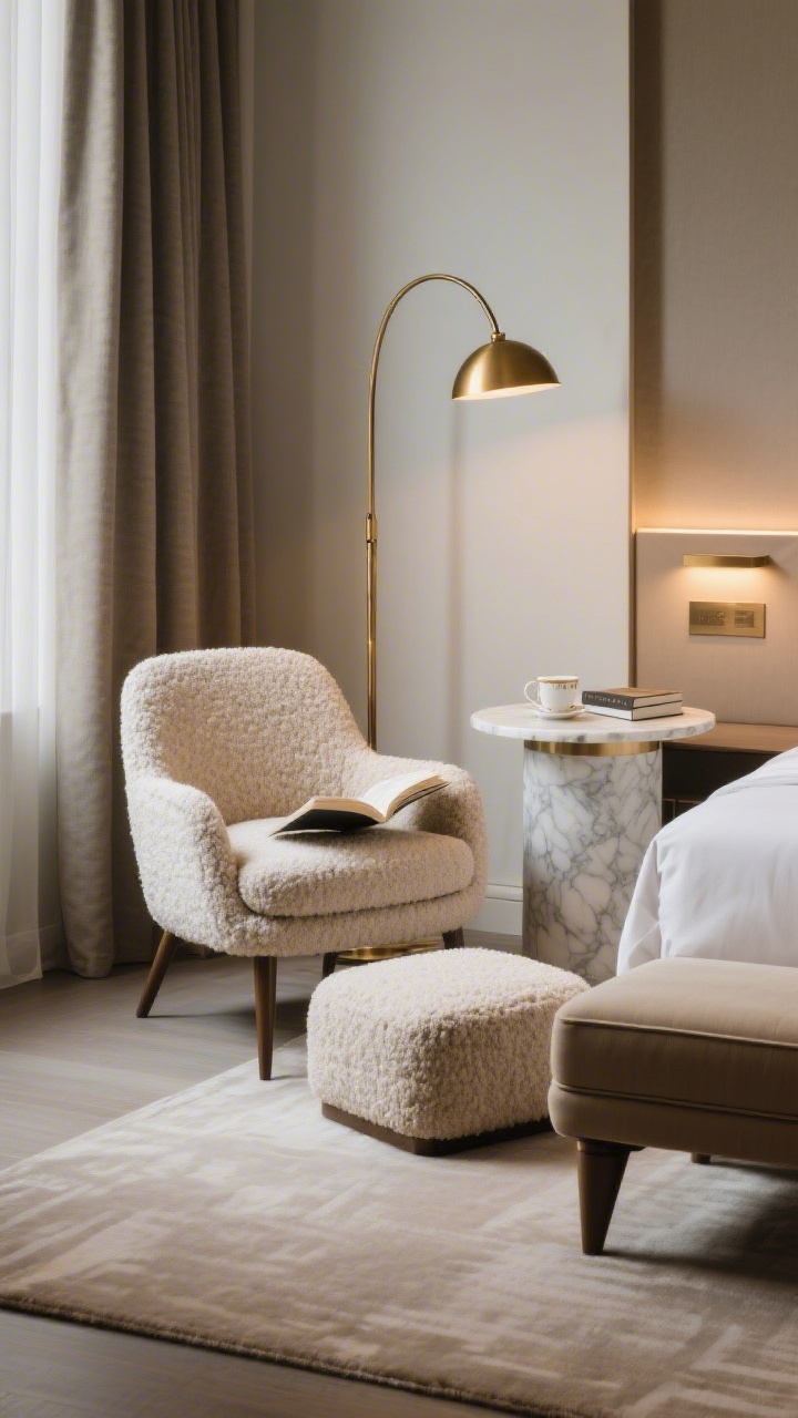 Medium composition of a lounge moment: a cozy reading chair in bouclé with a matching ottoman, a slim brass floor lamp arcing overhead, and a small marble-topped side table holding a teacup and book. Alternatively, a tailored upholstered bench at the foot of the bed. Warm task lighting on dimmer; serene, boutique-hotel energy.