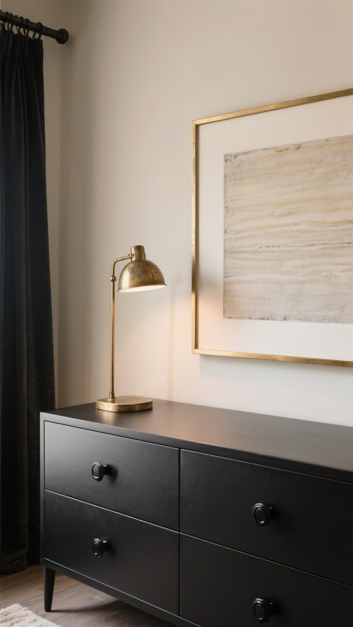 Medium detail: A dresser vignette showing strategic mixed metals—dominant matte black hardware on drawers and an accent aged brass picture light above a tonal artwork. A thin brass frame and a matte black curtain rod appear in the periphery. Brushed finishes read soft, with warm 2700–3000K lighting minimizing glare and fingerprints.