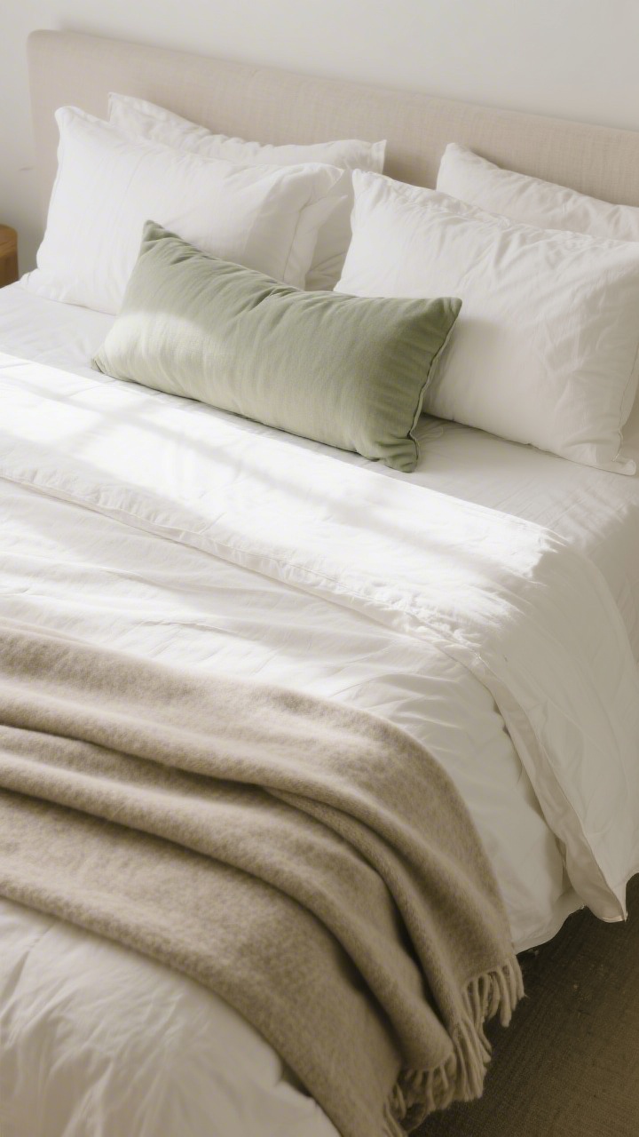 Medium overhead angle of a meticulously layered bed: breathable linen duvet in ivory, crisp white percale sheets peeking out, a folded cashmere-like throw at the foot. Pillow stack shows two sleeping pillows, two euro shams for height, and one long lumbar pillow in soft sage. Natural morning light across the textures; emphasize comfort-first luxury without excessive pillows.