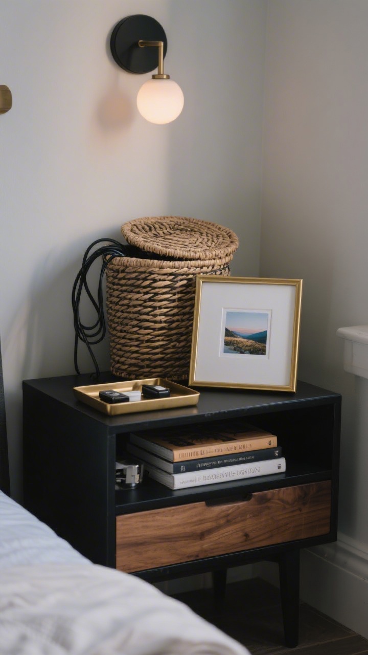 Medium room edit: A clutter-free, curated transitional bedroom corner with a lidded basket tucking away cords, a tray organizing nightstand essentials, and a small stack of favorite books with a single travel photo in a thin brass frame. Repeated finishes (matte black, natural wood, and brass) appear 2–3 times for cohesion. Evening light suggests a quick five-minute reset routine.