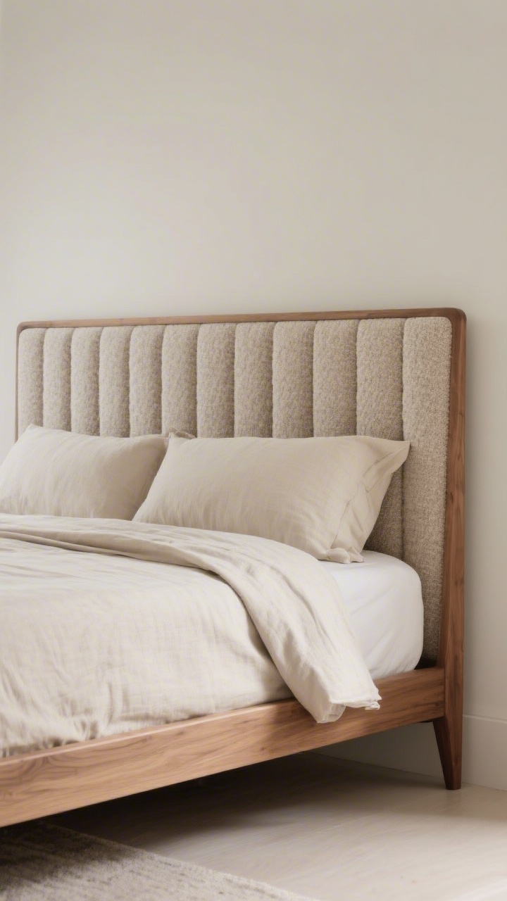 Medium shot: A bed with a channel-tufted upholstered headboard in textured bouclé, straight, simple side rails, and mid-walnut legs. Linen bedding in soft neutrals; headboard rises 8 inches above pillows for balanced scale. Alternate version: a classic light oak frame with a streamlined, unornamented profile. Side angle to show the blend of curves and clean lines, with soft, even lighting.