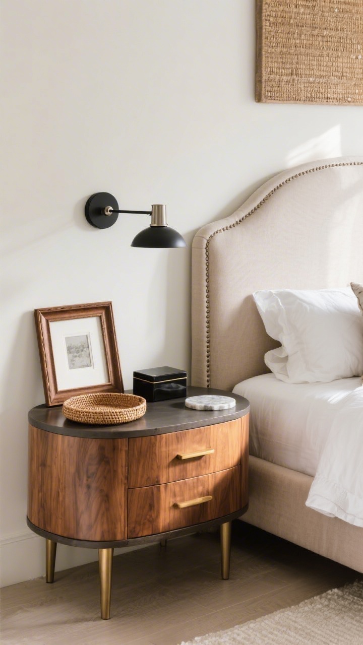 Medium shot, corner angle: A bedroom vignette showing cohesion through style, not matching sets—an upholstered bed with a soft, curvy headboard paired with a rounded-corner nightstand in warm wood, plus matte metal accents. Mix metals intentionally: warm brass drawer pull with a bronze picture frame, and a black steel sconce contrasted with brushed nickel hardware on the wall art. Add texture with a rattan tray and a lacquered small box on the nightstand, and a stone (quartz) coaster. Soft afternoon light, designer look through coordinated shapes, materials, and finish families.