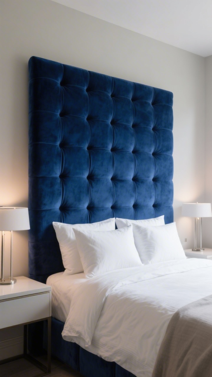 Medium shot focusing on a statement headboard: tall, channel-tufted velvet headboard in a saturated inky blue, framed by neutral walls. Keep bedding simple—white linen duvet, two sleeping pillows, two euro shams—so the headboard is the star. Add minimal bedside accents to balance: slim lamps, clean-lined nightstands. Soft, diffused ambient lighting for a dramatic yet refined look.