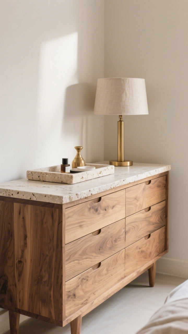 Medium shot of a dresser corner celebrating real materials: oak dresser with visible grain, travertine stone tray atop holding a few essentials, and a single brass object for a quiet metallic touch. Keep finishes limited and repeated for cohesion—oak and brass echoed in the lamp with a linen shade. Soft daylight grazing the stone and wood textures.