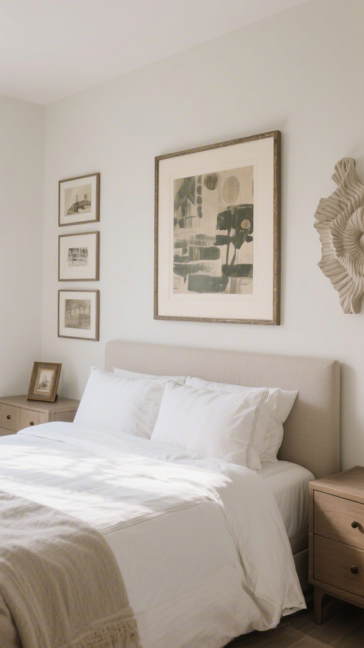 Medium shot over the bed focusing on art with scale and story: one large framed artwork centered above the headboard for a streamlined look, with a neutral mat and subtle vintage-style frame. Alternate view includes a small, edited gallery of three pieces above a dresser, frames consistent in finish. Add a sculptural wall piece for texture on an adjacent wall. Soft, even lighting to reduce glare.