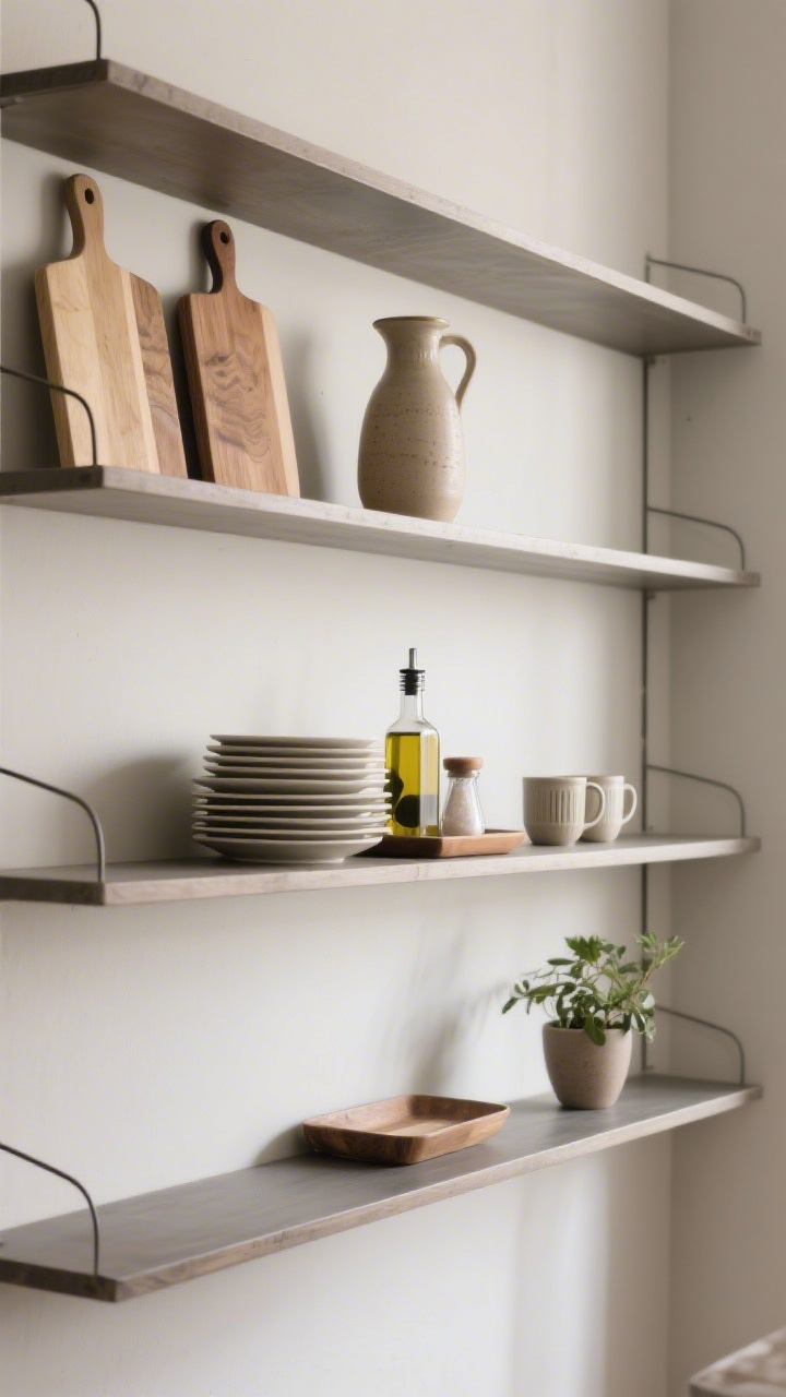 Medium shot, straight-on, showing one long shelf divided visually into thirds: left zone features a vertical moment with two layered cutting boards and a tall ceramic pitcher; center zone has a stable stack of plates with a tray holding olive oil and a salt cellar; right zone forms a small cluster of two mugs and a tiny plant; rhythm across multiple shelves below where the “hero” rotates (top shelf hero left, middle shelf hero center, lower shelf hero right); balanced, chic composition with even natural lighting.