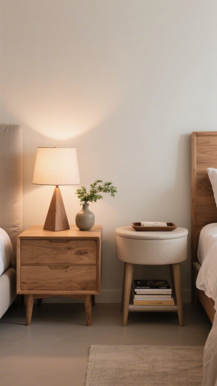 Medium shot: Two nightstands styled for function—on the left, a clean-faced wood nightstand paired with an upholstered bed; on the right, a softer, slightly rounded nightstand against a wood bed. Heights align with mattress top. Each nightstand styled with a triangle of heights: a tapered-shade lamp (tall), a small vase with greenery (medium), and a low tray with a book stack (low). Calm, balanced composition, warm bedside lighting.