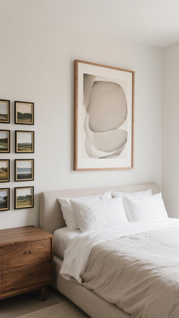 Medium wall view: Above the bed, one large tonal abstract in a simple natural wood frame, centered with generous breathing room. On a nearby dresser, a refined grid of small landscapes in thin black and brass frames. The overall palette is quiet and intentional, with soft, diffused daylight making the art feel collected rather than random.