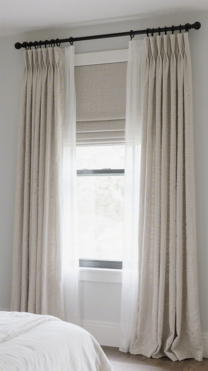 Medium window shot: Tailored lined linen drapery with gentle pleats hung high and wide—mounted 8 inches above the frame and extending 10 inches on each side—paired with clean Roman shades. Double rods hold a blackout-lined panel and a soft sheer layer. The curtain rod in matte black matches the room’s accent metal, with even daylight filtering through.