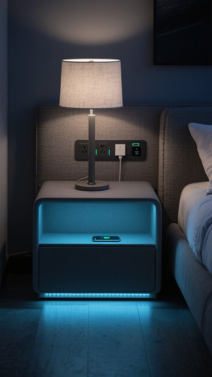 Night scene, medium shot, straight-on: A tech-forward nightstand beside a bed featuring built-in outlets and USB-C on the rear side, a defined wireless charging pad zone with a subtle ridge to prevent phone sliding, and soft LED underglow/motion lighting casting an ambient pool onto the floor. The nightstand finish is matte/textured to reduce fingerprints and diffuse lamp glare; a tall lamp sits securely on a heavier, stable base. Cool, dimmable light balance evokes a calm 3 a.m. find-your-phone mood without harsh brightness.