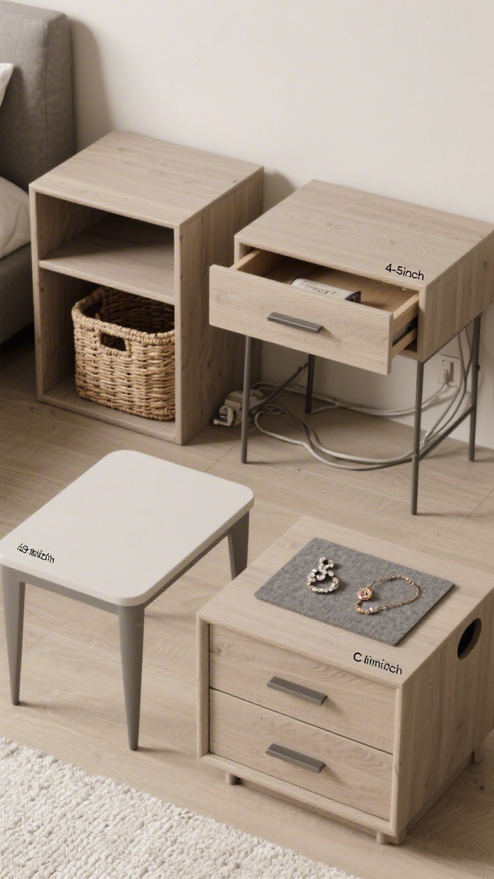 Overhead detail shot: A top-down view of three nightstand formats arranged as a styling board: an open-shelf table with a woven basket below, a one-drawer-plus-shelf model showcasing a tidy drawer and styled shelf, and a compact two-drawer unit with labeled drawer depths (4–5 inches usable). Include a sleek C-table nearby for a micro-room option. Feature soft-close drawer hardware partially visible, a rear cable cutout, and a felt-lined top holding jewelry that won’t slide. Neutral palette with wood grain texture, matte metal pulls, and tidy cable management.