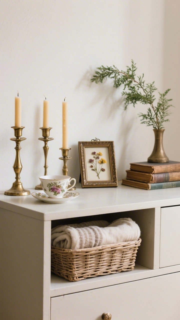Photorealistic closeup of a curated trinket arrangement on a dresser: a trio grouping with an antique teacup and saucer, brass candlesticks with beeswax tapers, a tiny frame of pressed flowers, and a small stack of old books. A wicker basket sits below holding folded throws. Arrangement feels intentional, varied heights, one sprig of greenery to connect the vignette.