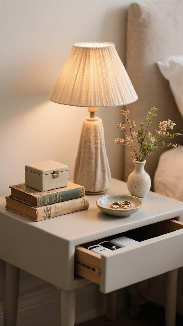 Photorealistic closeup of an intentionally styled nightstand: a pleated fabric lampshade casting a warm glow, a small stack of vintage hardcovers with faded spines, a tiny ceramic dish holding rings, and a bud vase with garden clippings or dried stems. Include a small lidded box or drawer slightly ajar to hint at hidden chargers. Cozy, curated, not cluttered.
