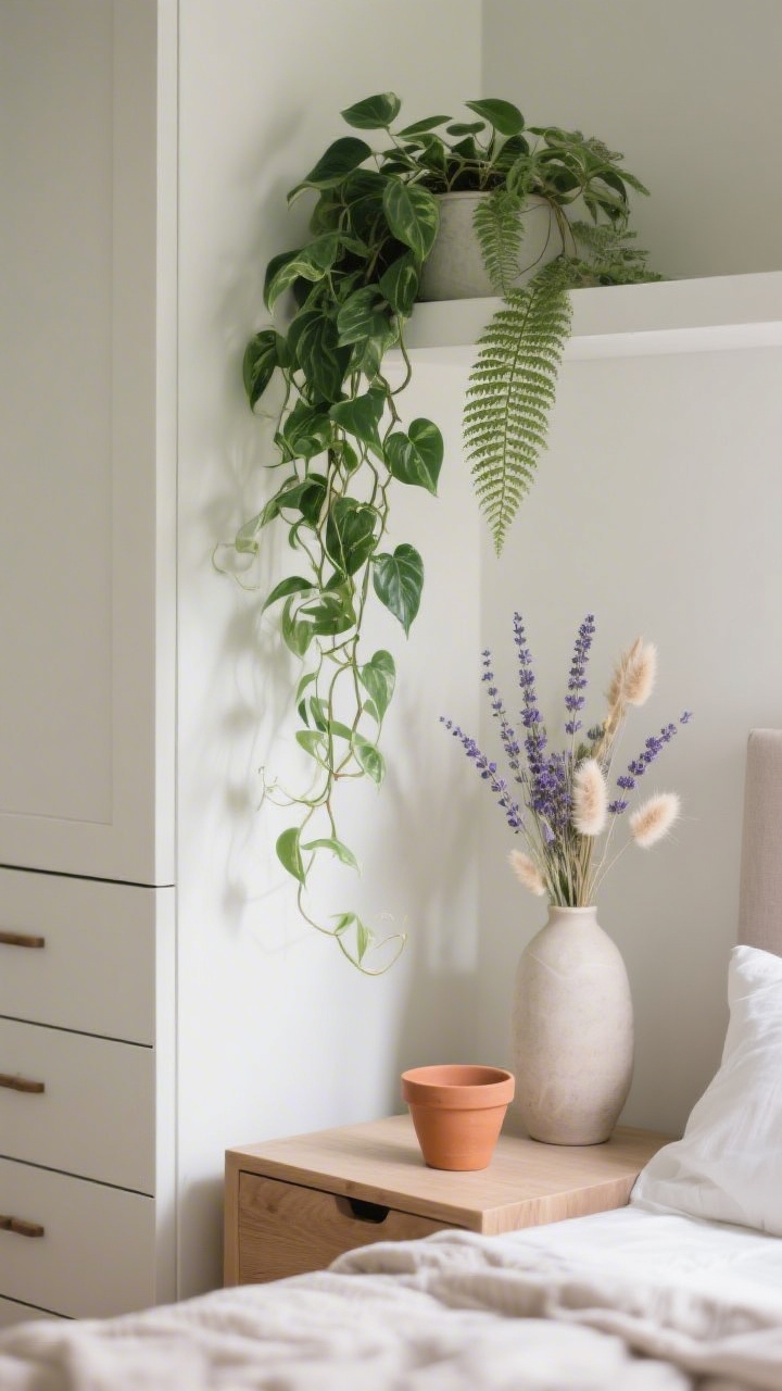 Photorealistic closeup of greenery display: a trailing pothos or ivy cascading from a wardrobe shelf, a delicate maidenhair fern on a dresser for soft texture, and a simple vase with a dried bouquet of lavender and bunny tails. Include a small terracotta pot on the nightstand to add earthy warmth among soft textiles. Gentle daylight, no people.