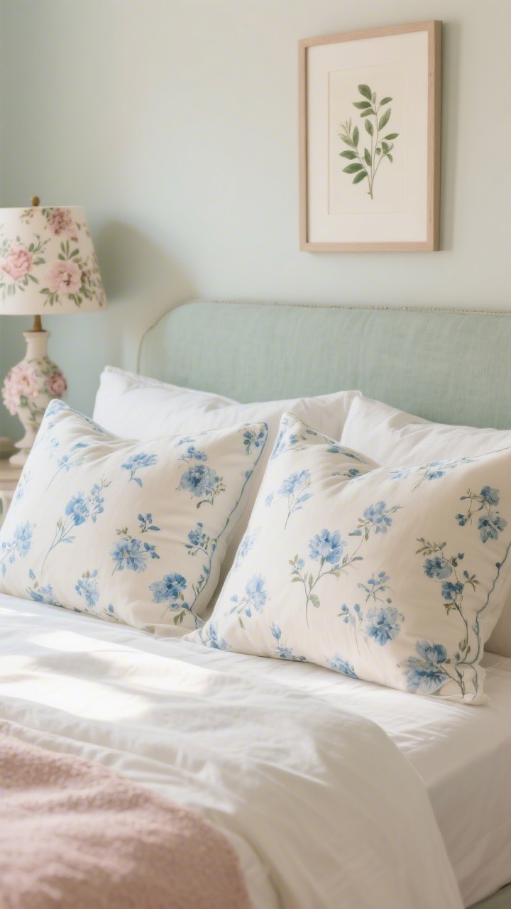 Photorealistic closeup of pillows on a neatly made bed: floral euro shams in faded cornflower blue ditsy sprigs paired with a solid ecru duvet. Include a small botanical print framed above the headboard and a floral lampshade on a nearby lamp. Palette stays soft: dusty rose accents, sage hints; micro-prints, sun-kissed, not loud. Gentle, warm natural light.