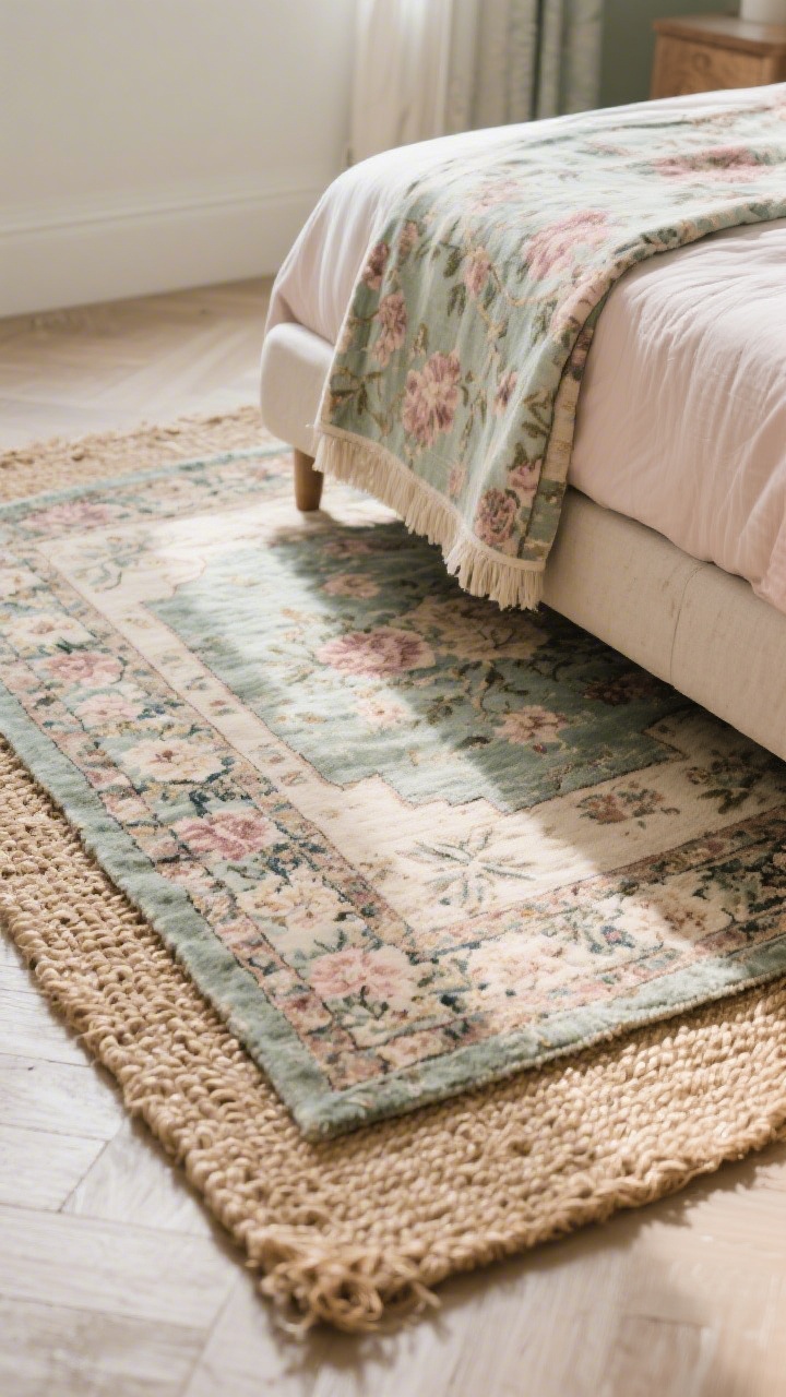 Photorealistic floor-level detail shot of layered rugs: a natural jute base rug providing texture, topped with a worn-looking Persian in muted florals that echo a bedding accent color (sage or dusty rose). Include a narrow bedside runner in a faded pattern for toe comfort. Soft afternoon light rakes across fibers to highlight weave and patina.