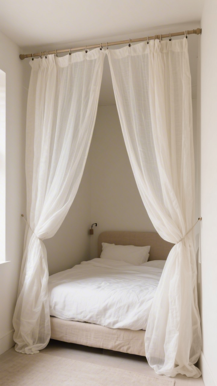 Photorealistic medium shot of a bed turned into a nook: sheer cotton voile panels in soft white hang from simple ceiling hooks, draped and gathered at corners to form a canopy. Optionally, a wall-mounted rod above the headboard with curtain fabric pulled to the sides. Lightweight linen in ecru, softly filtering light and creating a cocooned, romantic feel in a small-space setting.