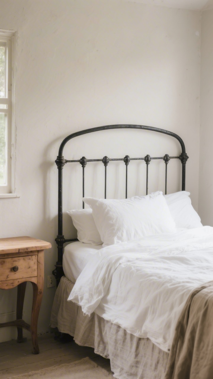 Photorealistic medium shot of a cottagecore bedroom focal bed: an antique black iron bedstead with a softly arched headboard, matte finish (no gloss), dressed with simple white linen bedding; warm raw oak nightstand nearby. Soft morning light, gentle curves emphasized, no sharp angles; include a slipcovered linen headboard option draped over the iron frame to suggest a layered, timeworn, storybook feel. Neutral walls in matte paint, minimal decor to keep the bed as the main character.