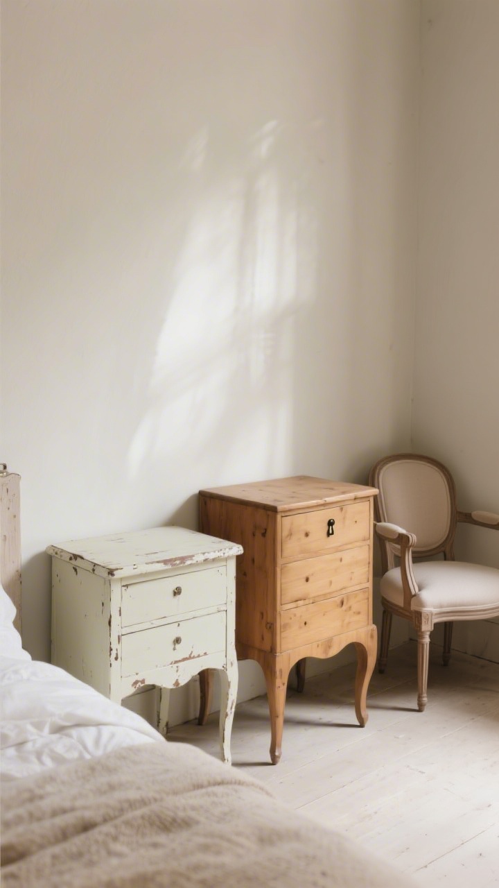 Photorealistic medium shot of a furniture vignette: mismatched bedside tables—one painted in a soft cream with worn edges, one in warm wood—both similar height. A vintage dresser with a curved front and keyhole hardware sits nearby, its pine finish lightly limed for an airy look. Add a petite slipper chair in the corner. Matte, weathered textures, soft morning light.