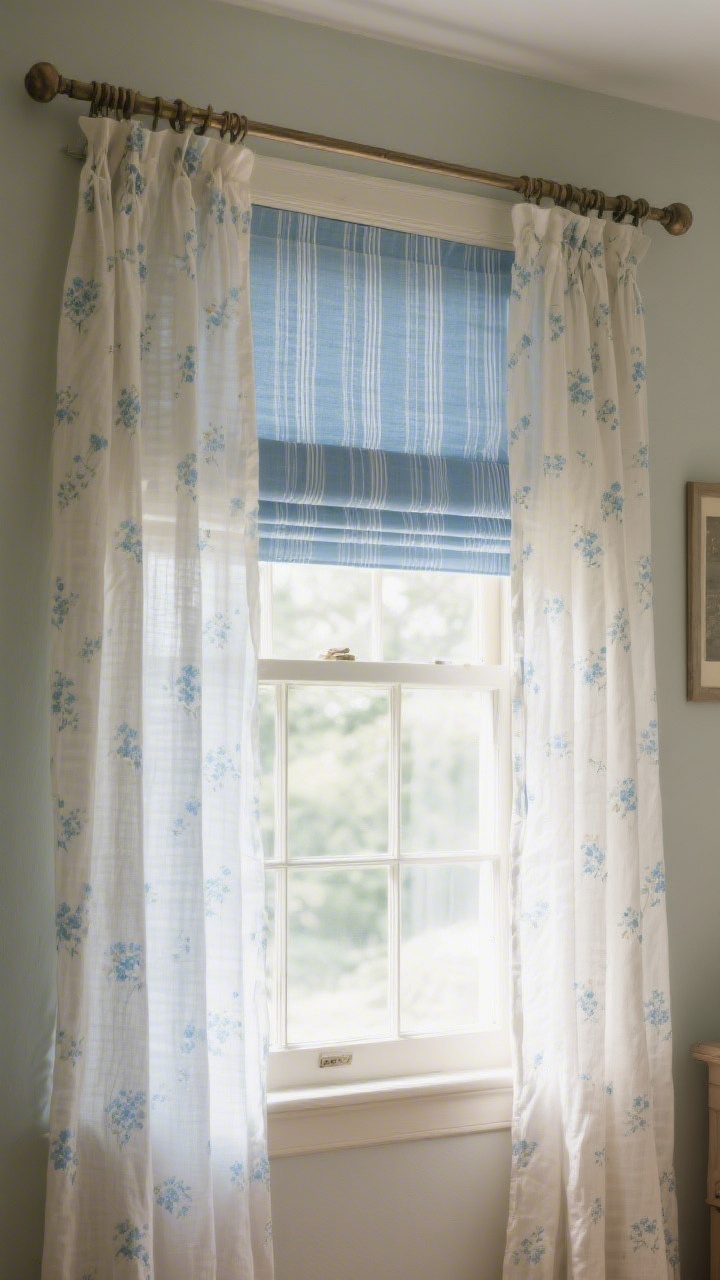 Photorealistic medium shot of cottagecore window treatments: sheer linen panels that sway slightly, layered over discreet blackout roller shades. Curtains in a tiny check or floral in muted cornflower blue frame the window; a fabric Roman shade in ticking stripe is visible in an adjacent small window. Rods mounted higher and wider to elongate the window. Soft backlit glow.