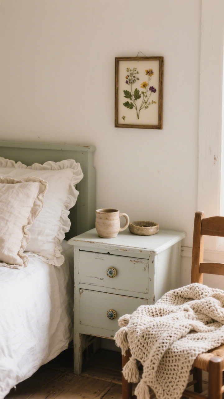Photorealistic medium shot of handmade touches: linen pillow covers with a subtle ruffle edge on the bed, a small frame of pressed garden blooms on the wall, a nightstand freshly painted with milk paint and new ceramic knobs, and a crocheted throw draped over a chair. Include a hand-thrown ceramic mug used as a catch-all on the nightstand. Soft, warm daylight emphasizes slight imperfections.