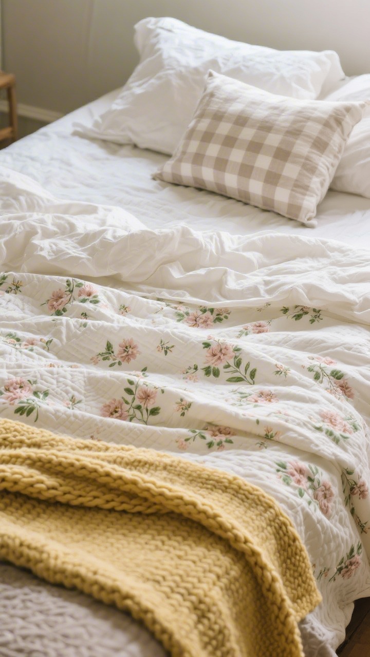 Photorealistic overhead detail shot of layered bedding: crumpled natural linen sheets in soft white, a cotton quilt with dainty florals in dusty rose and sage, and a chunky knitted throw in muted butter yellow folded at the foot. Include a matelassé coverlet peeking from beneath for subtle texture. Soft diffused daylight, showing pattern scale contrast (tiny floral with wider gingham stripe pillow), cozy cloud-like volume.