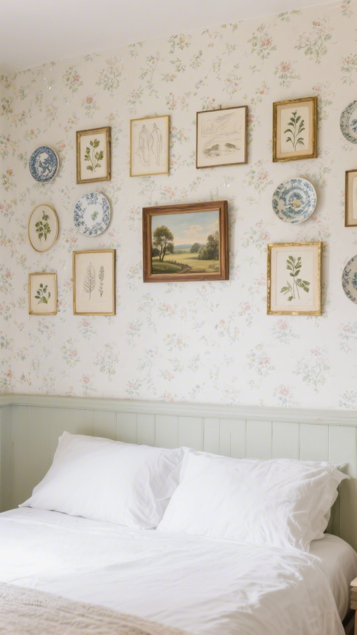 Photorealistic straight-on medium shot of the wall behind the bed as an accent: peel-and-stick wallpaper in tiny floral or toile in soft tones, paired with a gallery grid of botanical plates, sketches, and a small vintage oil landscape in simple wood and aged gold frames. Balanced composition, countryside-inn charm, natural light grazing matte surfaces.