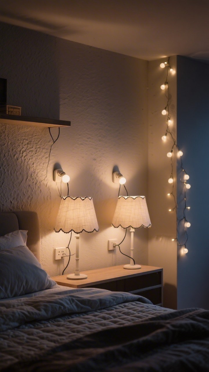 Photorealistic wide shot emphasizing layered, soft lighting at night: two bedside lamps with scalloped fabric shades, plug-in sconces with visible fabric cords on the wall, and a subtle string of fairy lights along a shelf. Warm white bulbs (2700K–3000K) with dimmed ambiance. No harsh overhead light; glow pools across quilted bedding and textured walls.