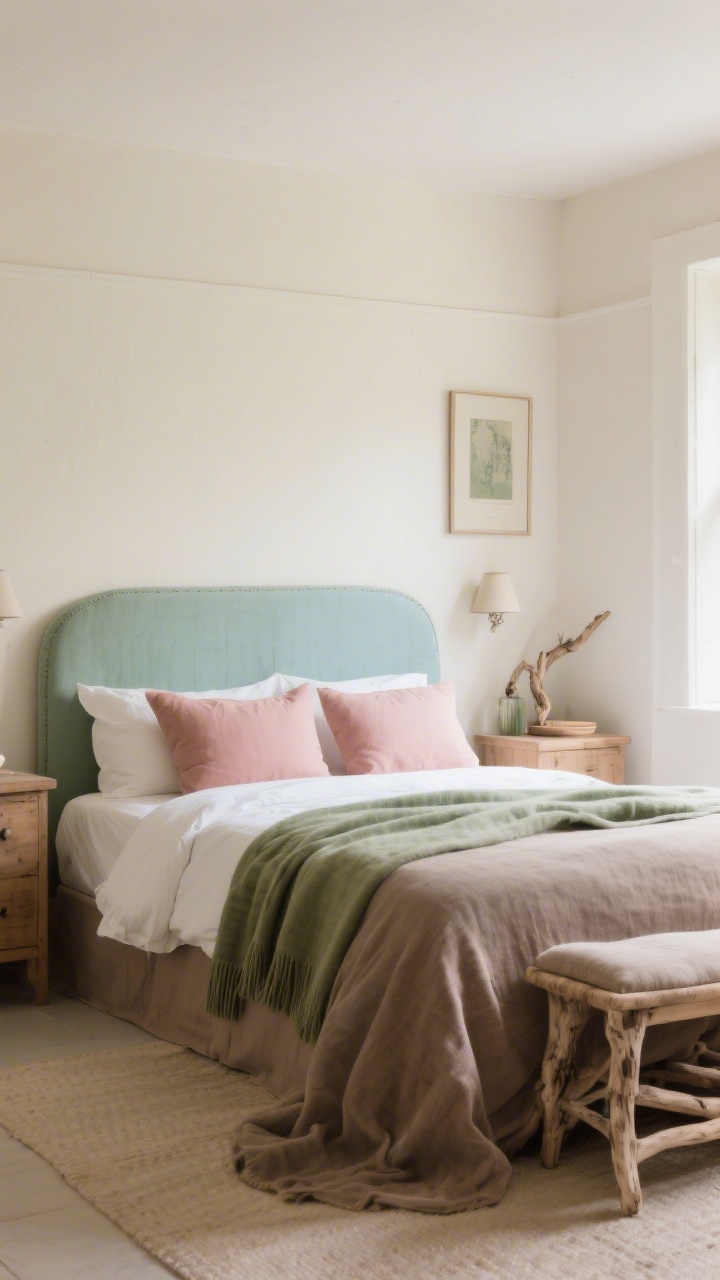 Photorealistic wide shot of a bedroom showcasing an earthy, sun-washed palette: walls in matte cream, accents in sage green, dusty rose, and pale blue. Include warm taupe textiles and driftwood tones in wood furniture. Style as “Classic English cottage”: cream walls, sage throw, dusty rose pillows; eggshell/matte wall finish softens light. Calm, diffused daylight.