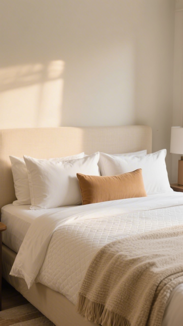 Straight-on bed styling: A boutique-hotel look with plush restraint—two sleeping pillows, two euro shams, and one long lumbar in camel accent. Bedding layers include a white matelassé or quilt beneath a cream duvet. A neatly folded textured throw sits at the foot. Everything is lightly steamed and crisp, in warm morning light for an inviting, comfortable feel.