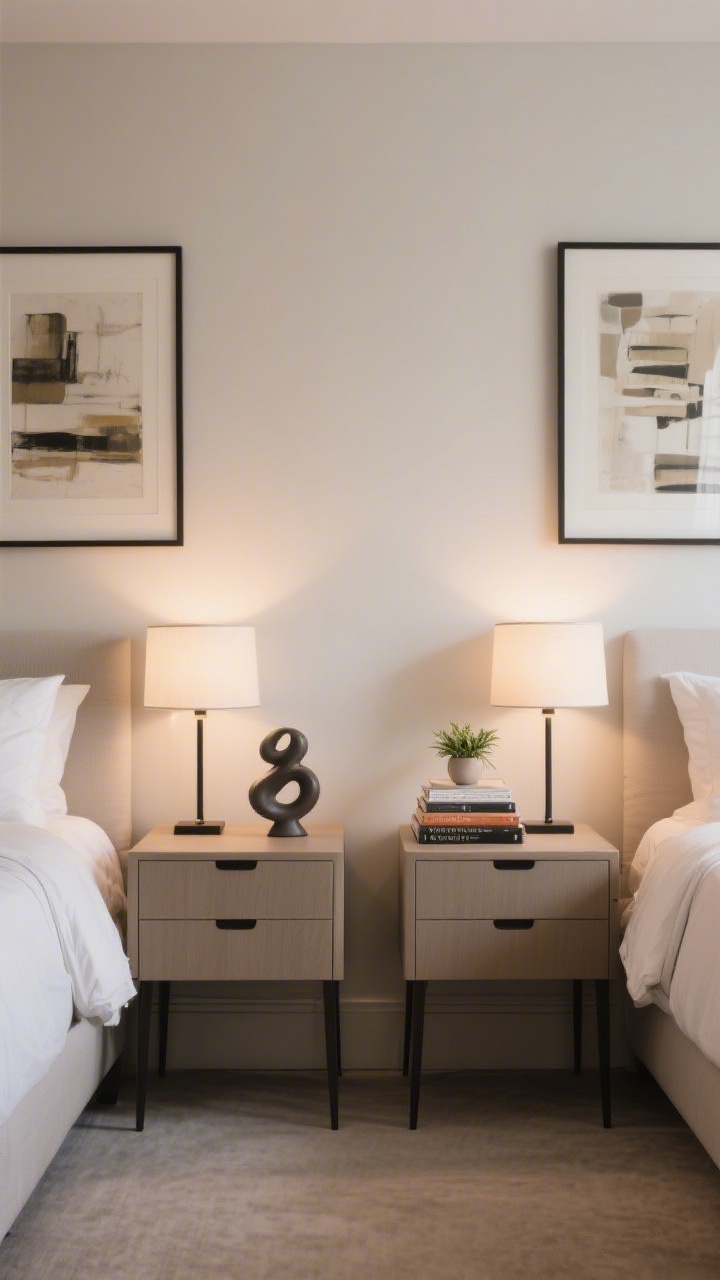 Straight-on symmetrical bedside scene: matching nightstands and identical lamps flanking the bed, with balanced pairs of art above each table. Loosen perfection with one offbeat accessory—e.g., a sculptural object on one side and a tiny plant on the other; different books stacked unevenly. Calm, polished mood with soft ambient light.