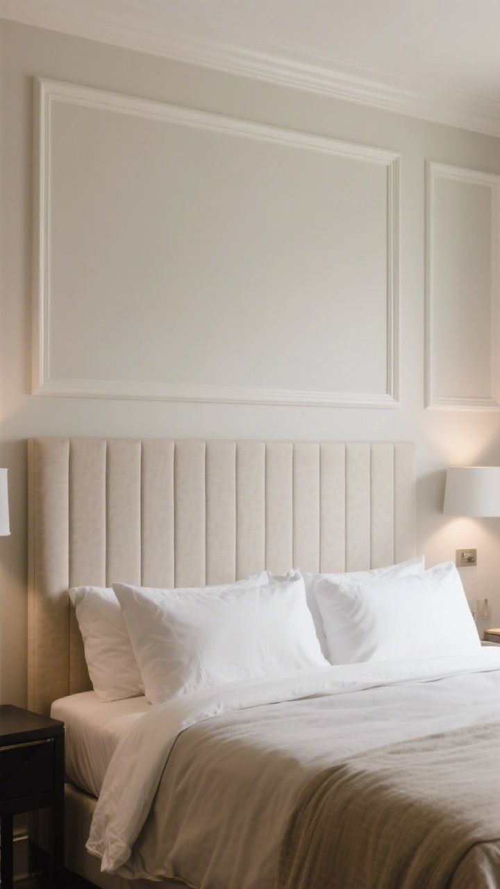 Straight-on wall view behind the bed highlighting added architectural detail without renovation: picture-frame moulding painted the exact wall color for a seamless effect, with a board-and-batten accent section behind the headboard adding depth. Consider overscaled upholstered wall panels flanking the bed for hotel-suite vibes. Neutral palette, gentle side lighting to reveal depth and shadows.