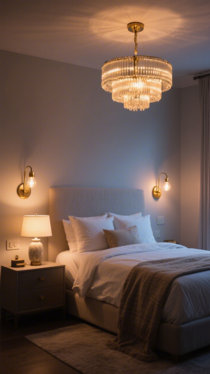 Wide evening shot demonstrating layered lighting on dimmers: a soft-glow chandelier overhead, matching brass bedside sconces flanking the bed, and a small accent lamp on a dresser casting a gentle pool of light. Use warm bulbs (2700–3000K) to create an inviting ambiance; show switch dimmers subtly. Overall mood is cozy, no harsh cool light.