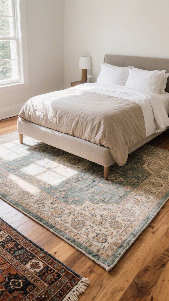 Wide floor-focused shot: A queen bed anchored by an 8x10 rug extending 20 inches beyond the sides. The rug is a subtle Persian pattern in mid-tone pulled from the bedding, layered over hardwoods; at the foot, a small vintage kilim adds depth. Natural light skims across the rug’s texture, emphasizing its role as the quiet hero without overwhelming the room.