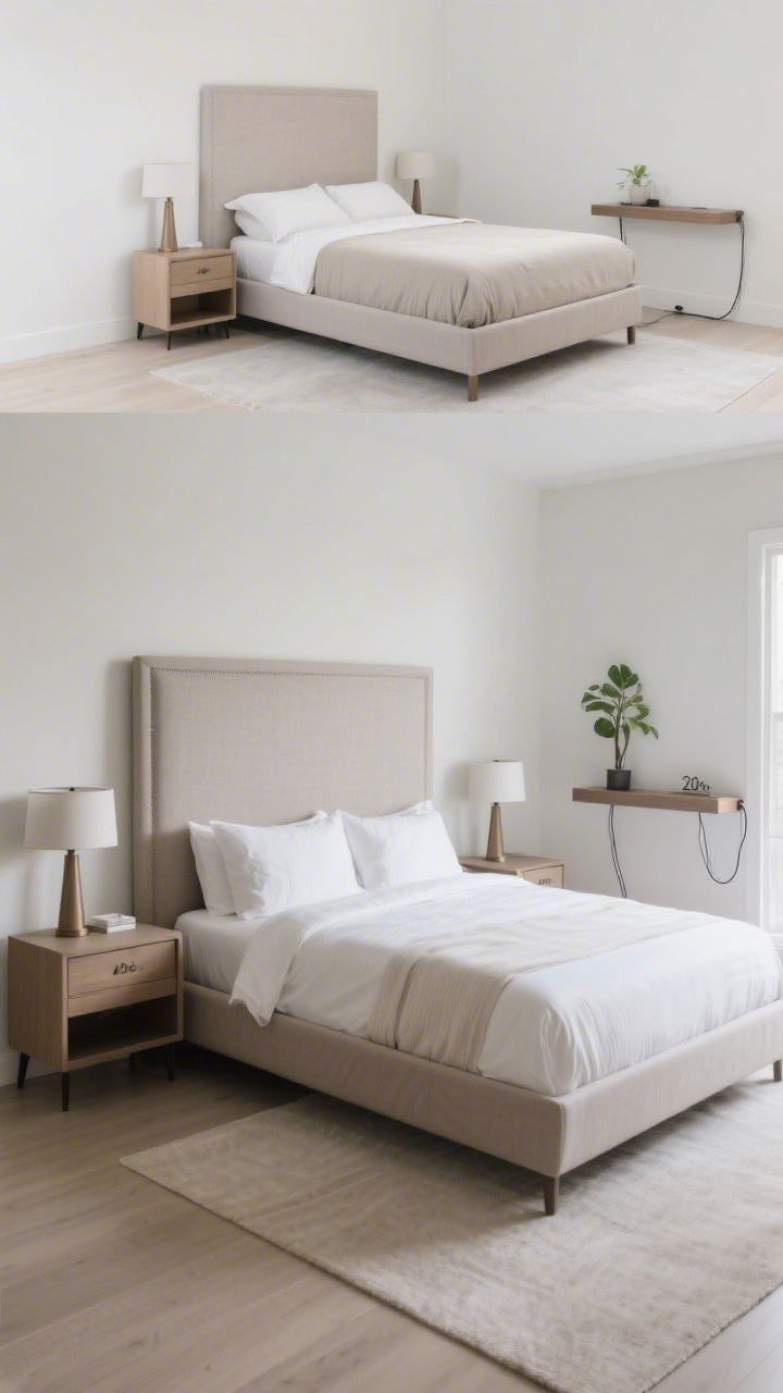 Wide room shot, corner angle: A king-size bed anchored by two proportionate nightstands 26 inches wide, taller to balance the large headboard, styled with appropriately scaled lamps. On the opposite wall, also show an alternative setup: a queen bed with a single, 20-inch-wide wall-mounted floating nightstand and a slim floor shelf with a plant on the other side for visual weight, proving balance over strict symmetry. Cords disappear through floating shelf cable management. Clean lines, airy floor space, harmonious proportions.