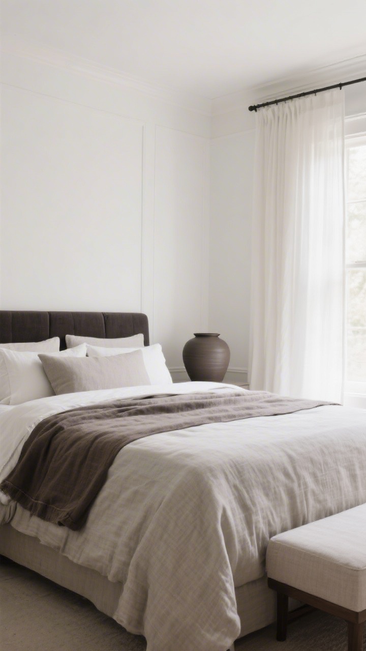 Wide shot: A serene transitional bedroom with soft white walls in warm white (think Swiss Coffee/White Dove), greige and taupe bedding, warm charcoal accents, and a cohesive palette. Natural morning light washes in through sheer curtains, highlighting layered neutral textures—smooth painted walls, nubby linen duvet, and a matte ceramic vase. No bold colors; the quiet backdrop lets textures and simple shapes speak.