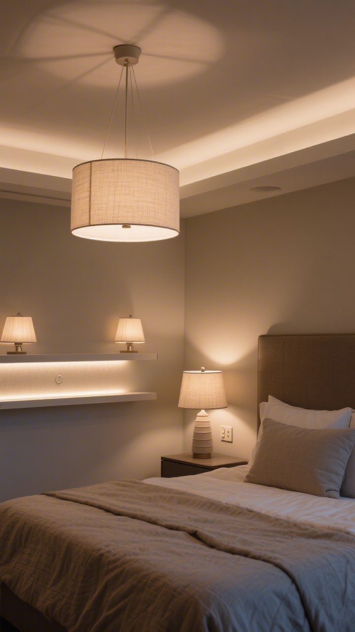 Wide shot: A transitional bedroom illuminated by layered lighting—a linen drum pendant overhead for ambient light, matching bedside lamps with tapered fabric shades for task lighting, and a subtle LED strip glow beneath a floating shelf for accent. No overly glam or industrial fixtures. Warm bulbs (2700–3000K) and visible dimmer switches set a soft evening mood.