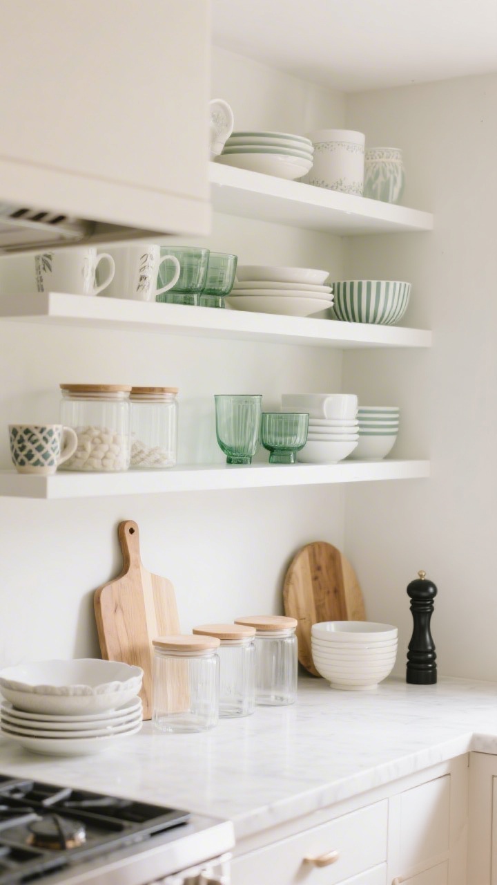 Wide shot of open kitchen shelving as a mood board with a tight base palette: white and cream dishes, clear glass canisters, light maple cutting boards, soft linen textures; one accent color only—sage green—appearing in a few glassware pieces and a single striped bowl; alternatives visible in styling cues like matte black pepper mill for cool-modern notes but kept minimal; patterns used sparingly (one or two patterned mugs); soft, diffuse daylight; calm, cohesive color story with one energetic pop.