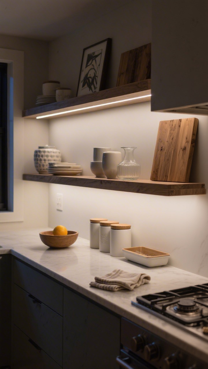 Wide shot of the shelving wall with maintenance and glow-up touches: clean surfaces post weekly wipe-down, washable ceramics and glass positioned nearest the stove splatter zone, wood boards and art placed on outer shelves, a slim LED strip mounted under the shelf casting a gentle, even underglow; closed canisters and low-lip trays catching dust; a quick refresh detail visible—a citrus bowl and a couple of folded linen napkins; night-time ambient lighting emphasizing the LED strip’s cozy effect.